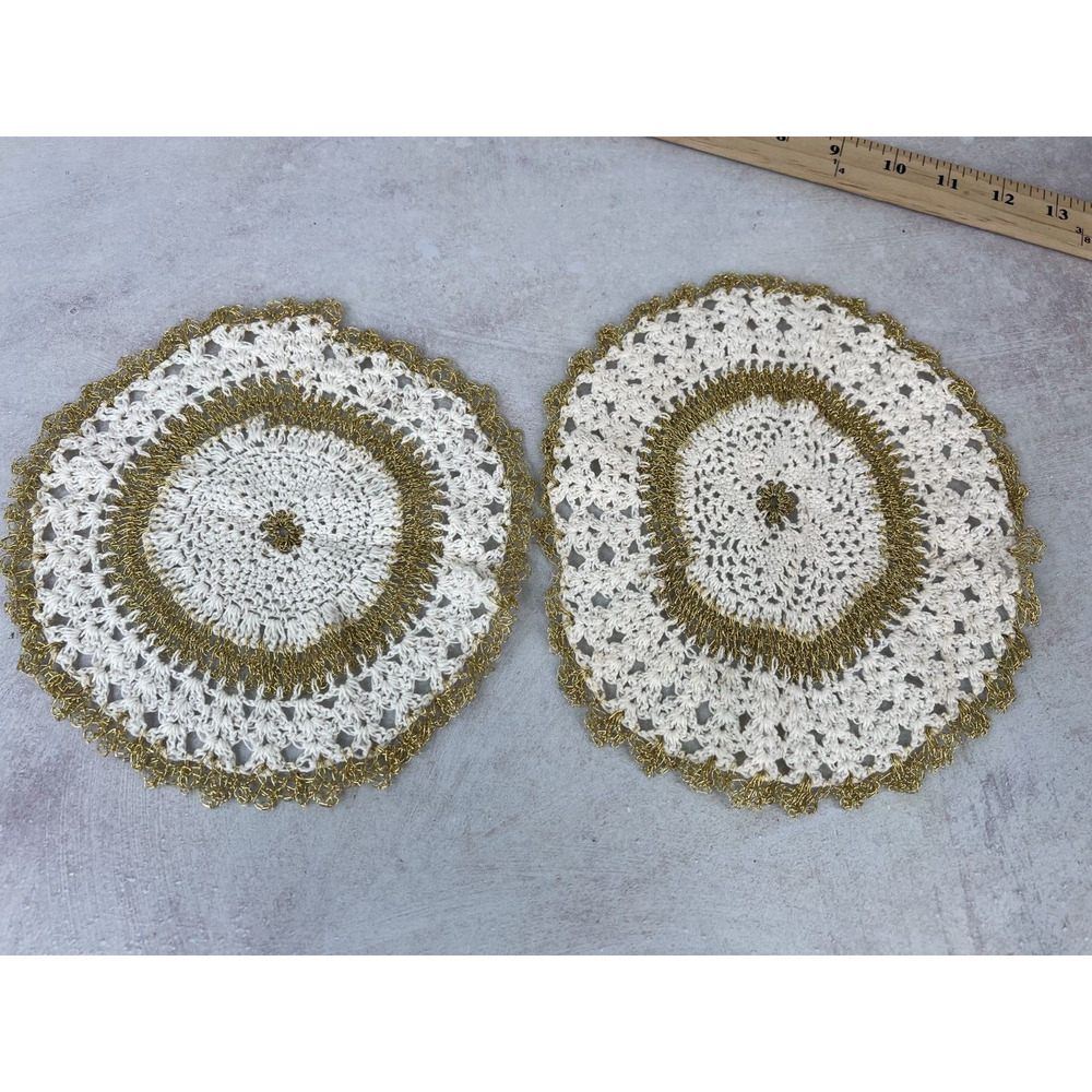 Vintage White & Gold Wire Handmade Round‎ Crochet Dining Table Doily - Lot of 2